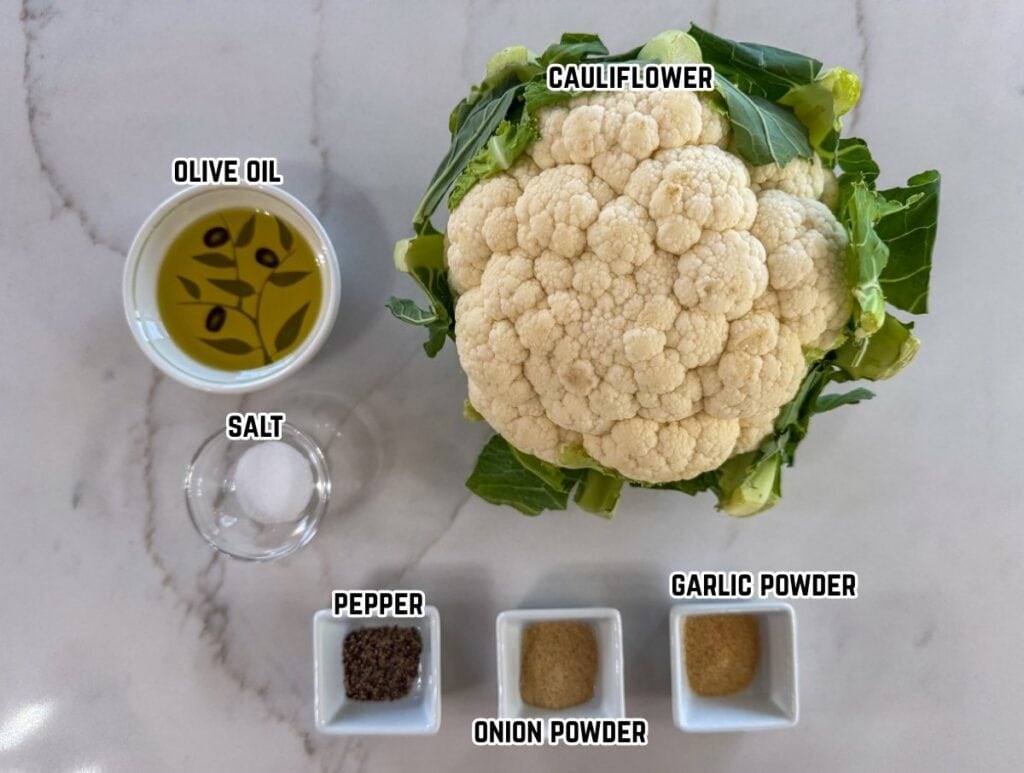 All of the ingredients needed to make the crispy air fryer cauliflower recipe.