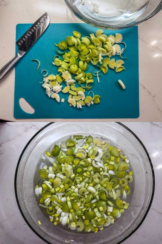 Sliced leeks on the top and leeks in a bowl of water on the bottom.