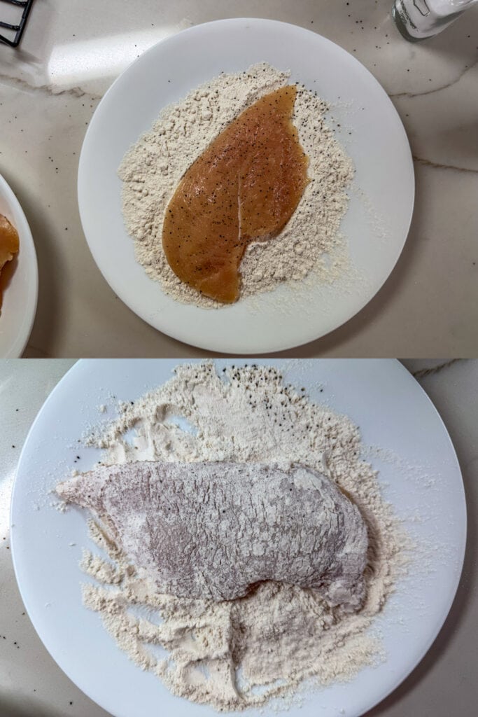 A piece of chicken seasoned with salt and pepper on top of flour on a plate on the top and the chicken turned over and coated with flour on the bottom.