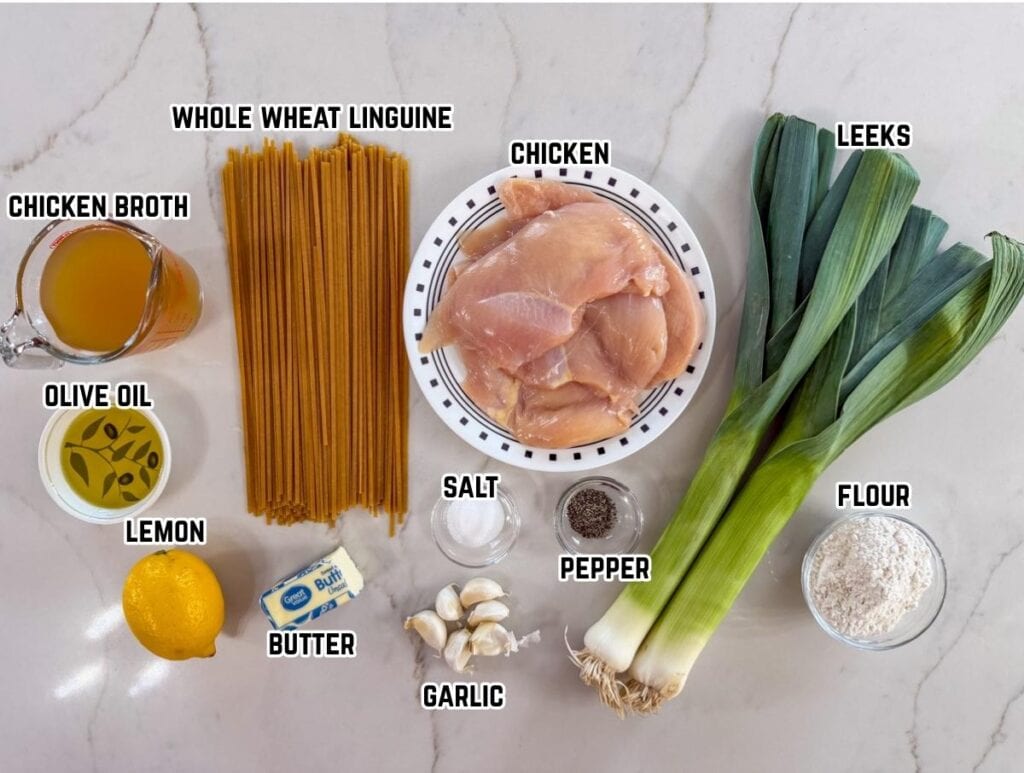 All of the ingredients needed to make the Lemon Linguine with Chicken recipe.