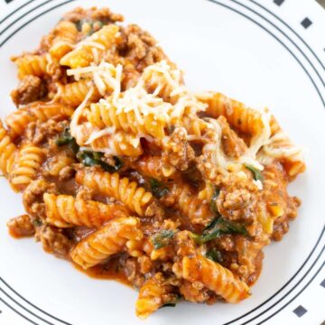 One serving of Ground beef pasta on a plate.