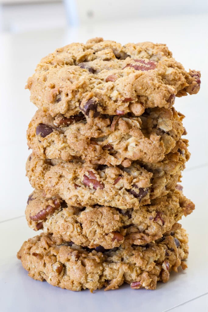A side view of a stack of five Peanut Butter Cowboy Cookies.