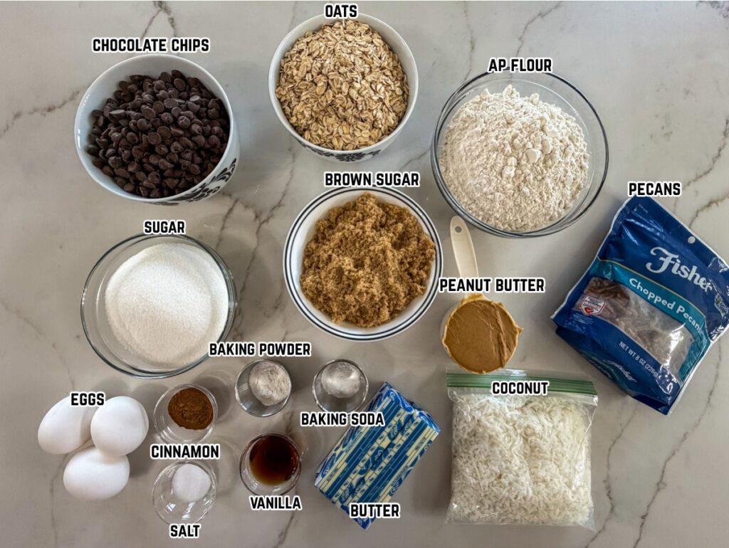 All of the ingredients needed to make the Peanut Butter Cowboy Cookies recipe.