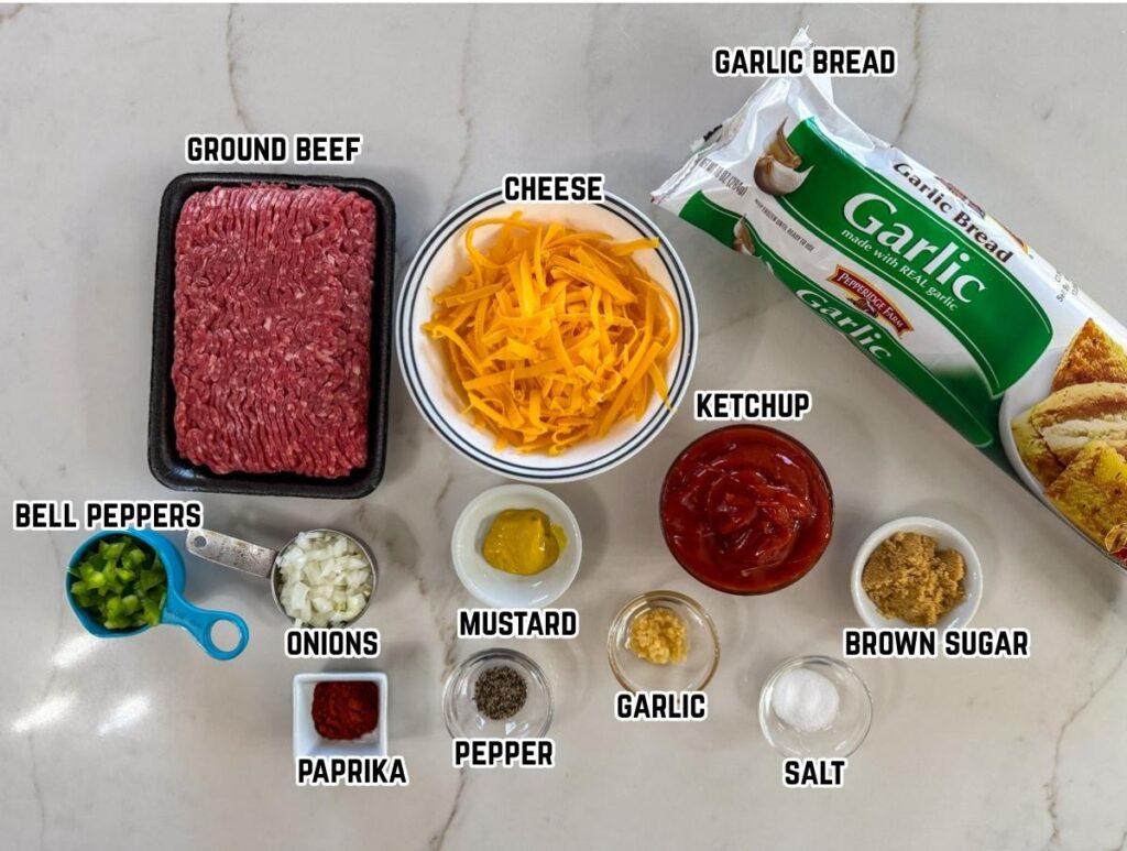 All of the ingredients needed to make the Sloppy Joe Garlic Bread recipe.