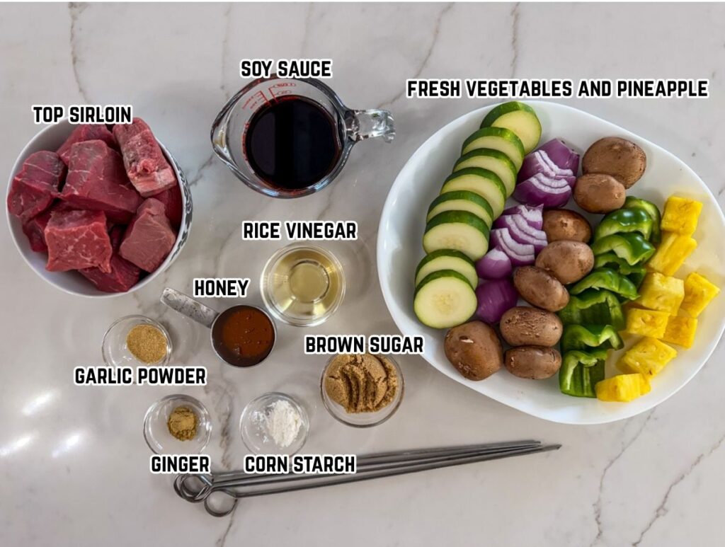 All of the ingredients needed to make the Teriyaki Beef Skewers recipe.