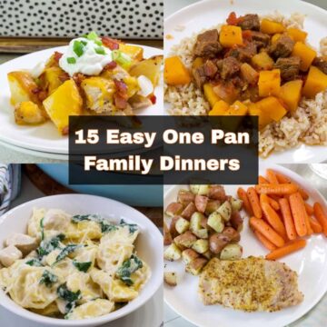 A collage of one pan dinners including loaded chicken bake, beef tagine, tortellini alfredo and a pork chop, potatoes, and carrots on a plate.
