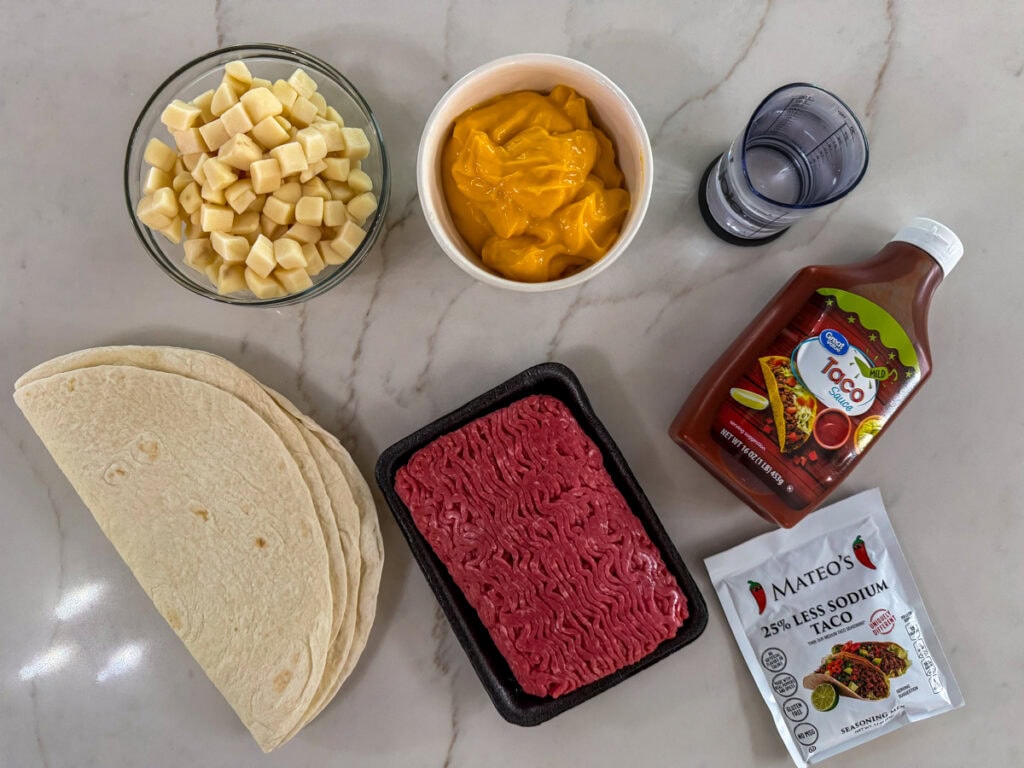 All of the ingredients needed to make the Cheesy Beef and Potato Burritos recipe.