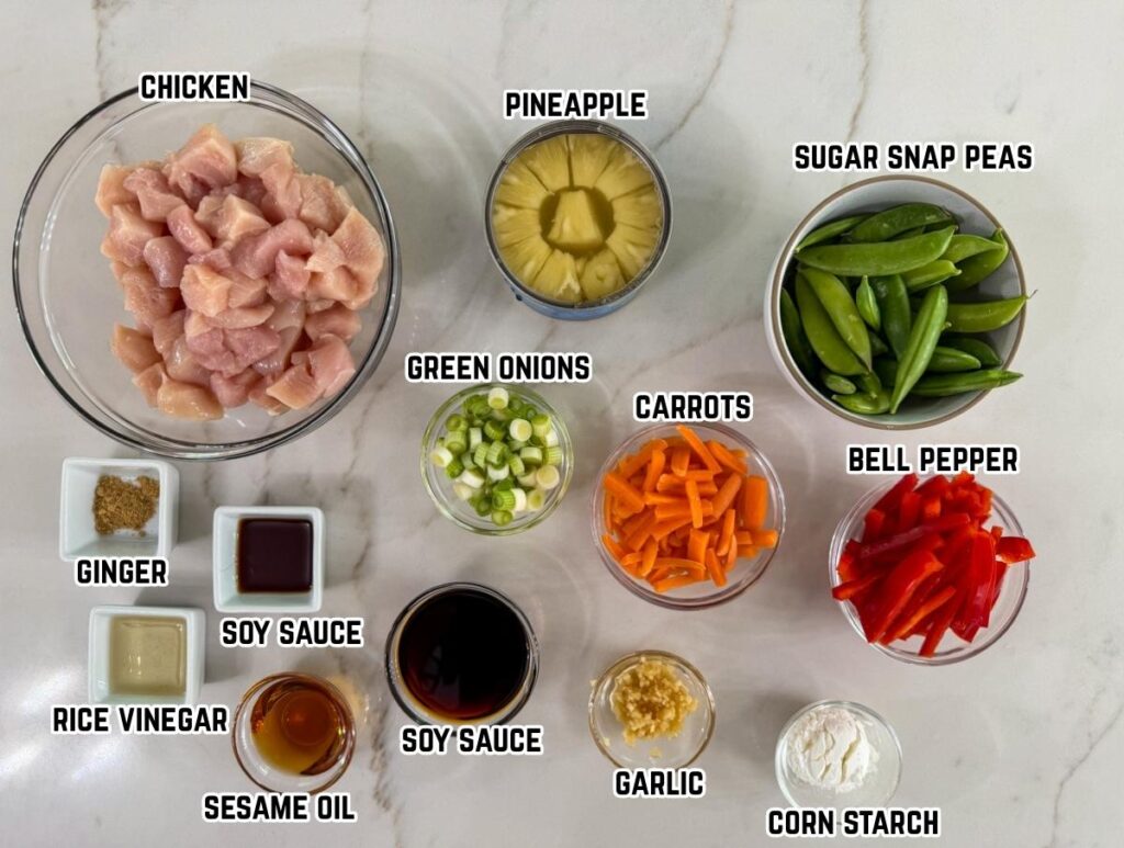 All of the ingredients measured out and ready to make the Pineapple Chicken Stir Fry.