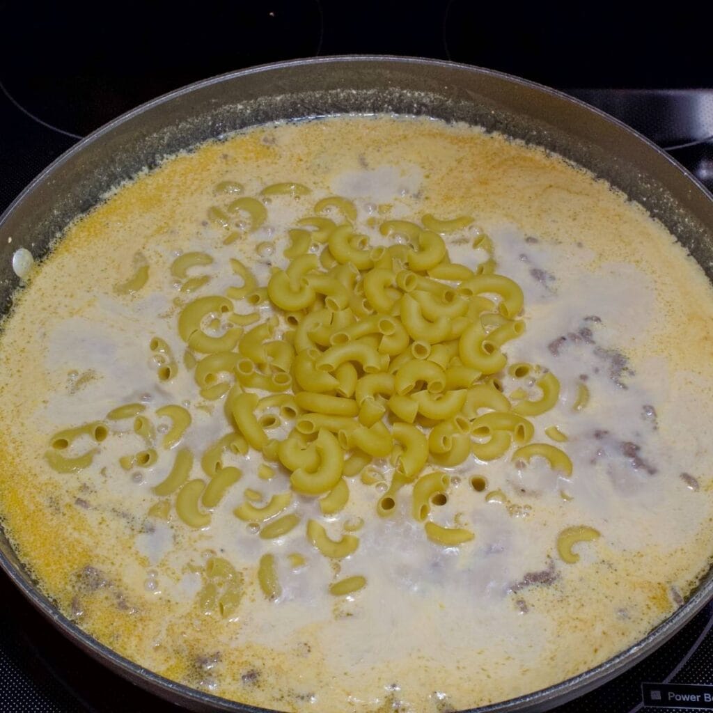 The browned beef, spice mixture, milk , water and macaroni in the skillet before being simmered.