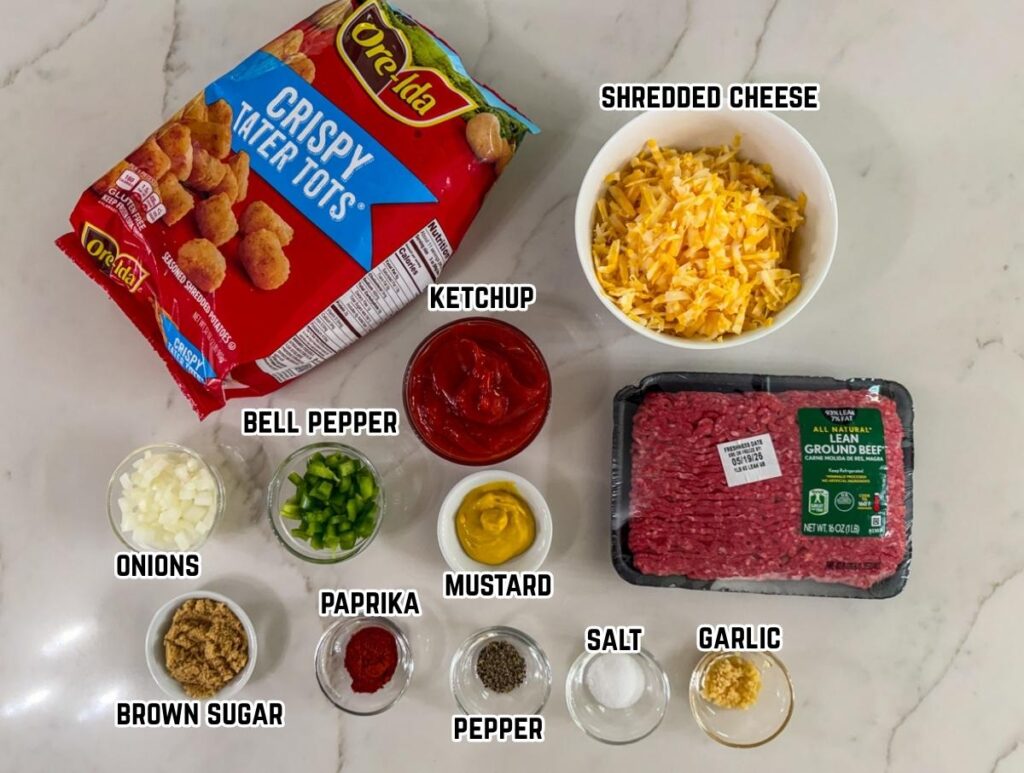 all of the ingredients needed to make the sloppy joe tater tot casserole