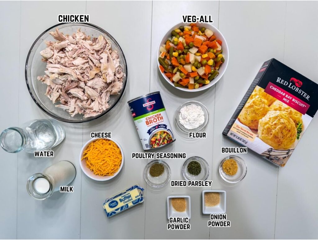 All of the ingredients measured out ready to make the Chicken Cobbler with Red Lobster Biscuit Mix.