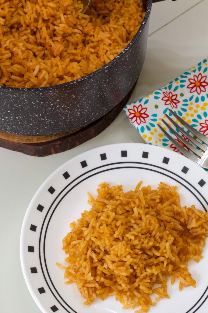 One serving of spanish rice on a plate with the saucepan with the remaining rice behind it.