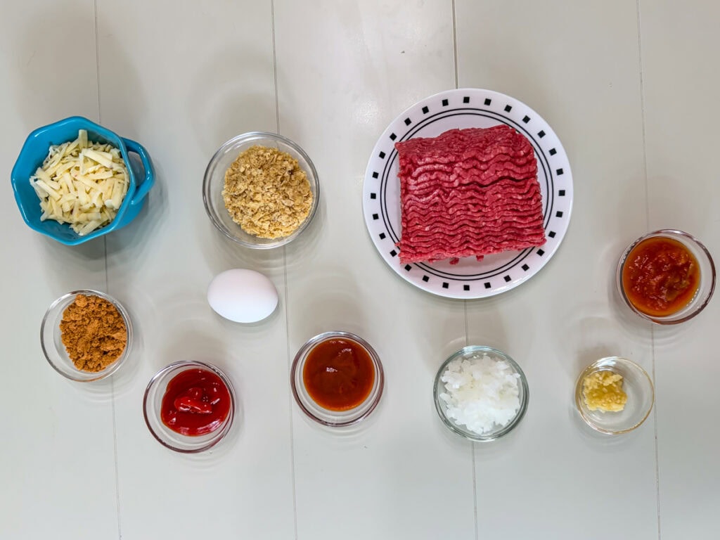 All of the ingredients measured out and ready to make the Easy Taco Meatloaf Recipe.