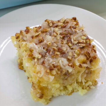 Overhead shot of one piece of tornado cake so the inside and coconut pecan topping are visible.