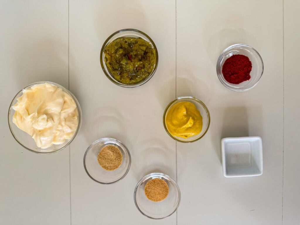 The mayo, mustard, sweet pickle relish, vinegar, and spices needed to make copycat McDonald's Big Mac sauce.