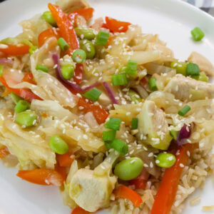 Closeup of one serving of Chicken and Cabbage Stir Fry on white plate.