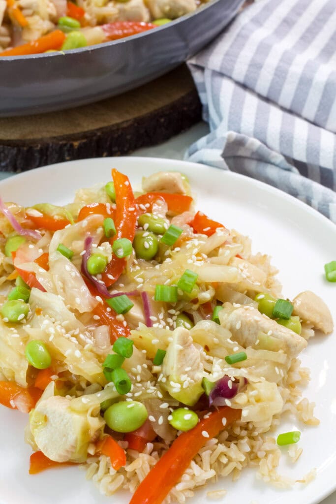 One serving of Chicken and Cabbage Stir Fry on a plate topped with chopped green onion and sesame seeds.