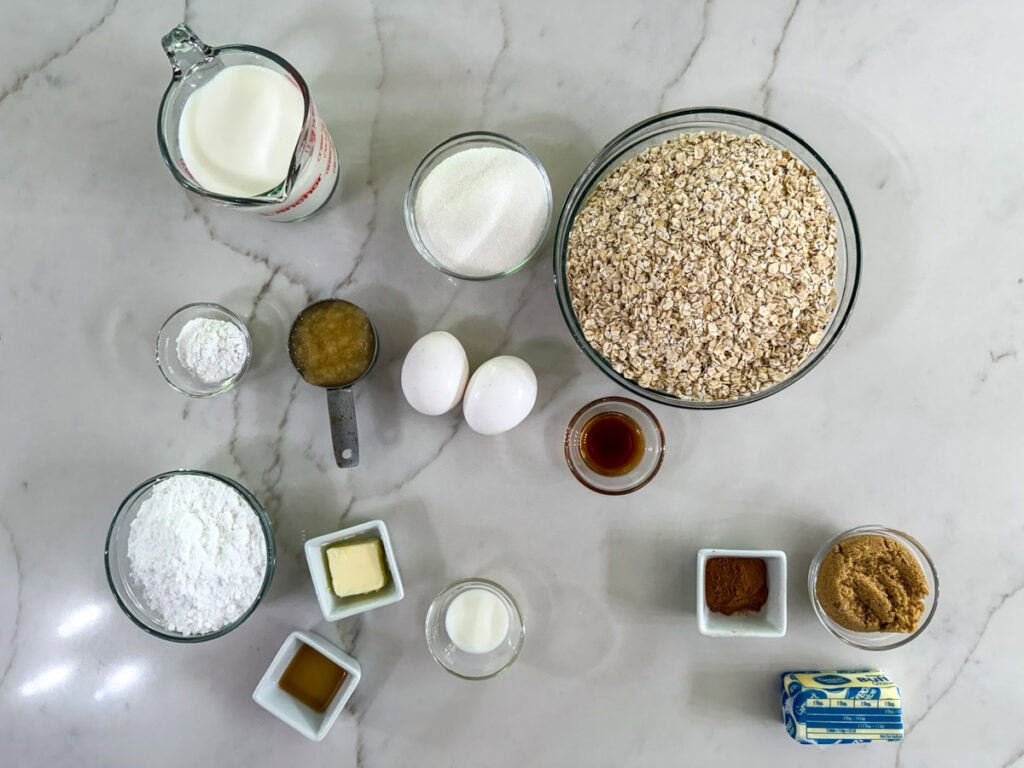 All of the ingredients measured out and ready to make the baked oatmeal, cinnamon topping and vanilla drizzle.
