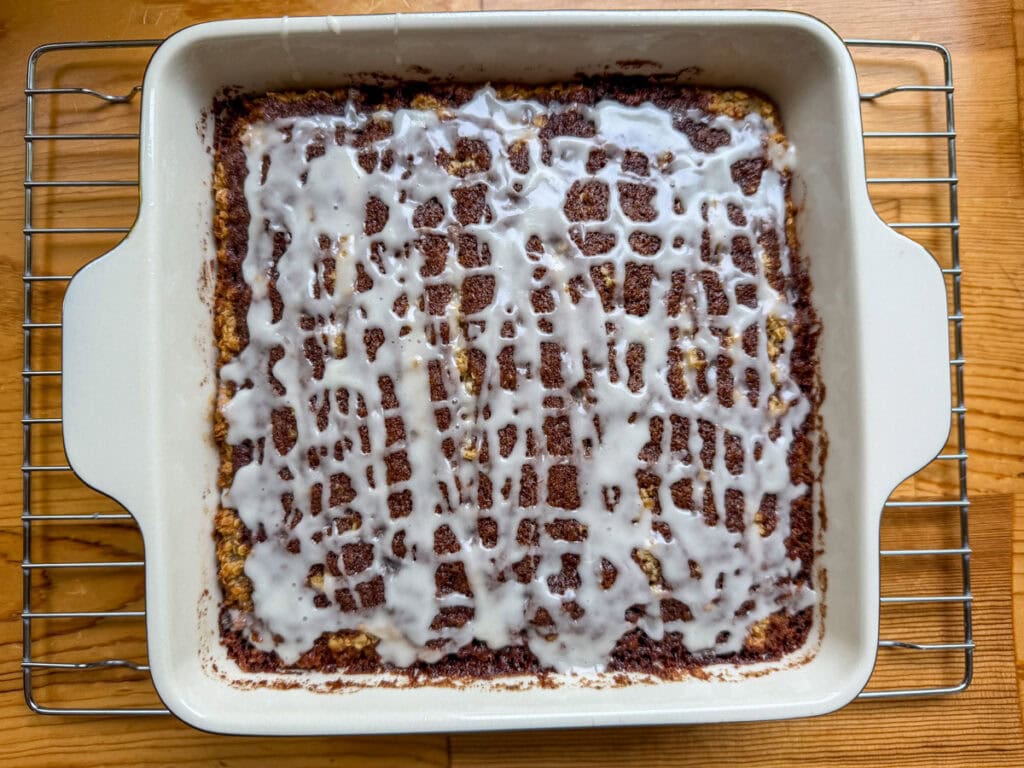 The baked cinnamon roll oatmeal drizzled with the vanilla glaze.
