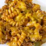 Close up of one pan sloppy joe pasta on a white plate.