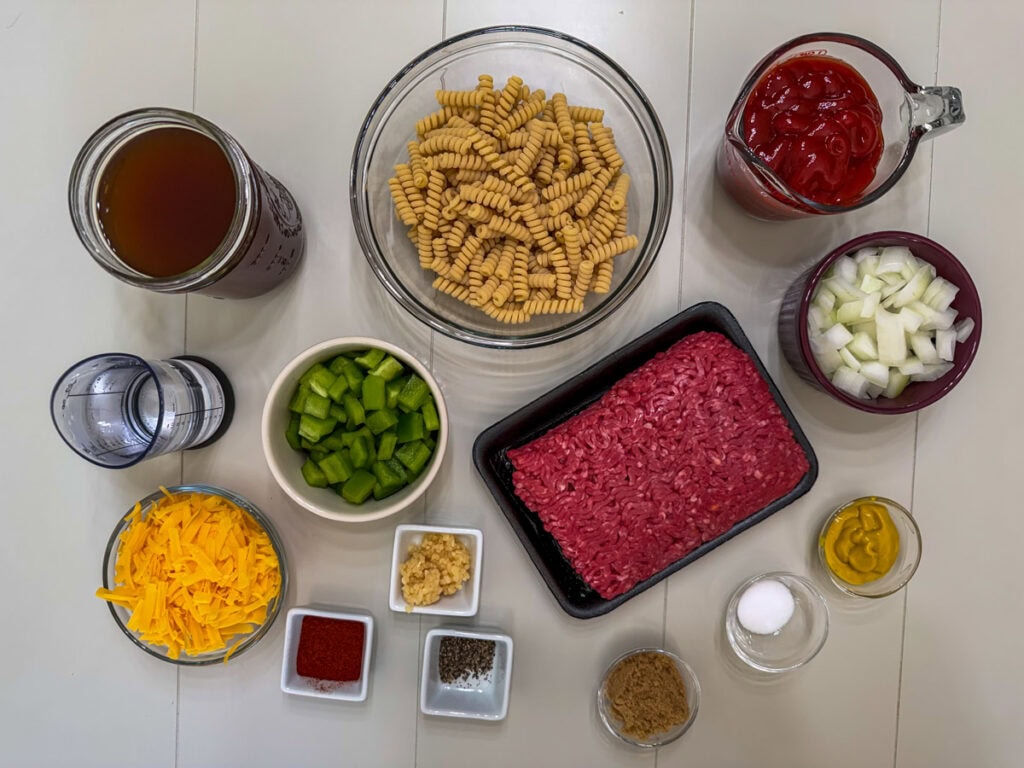 Overhead view of the ingredients measured and ready to make one pot sloppy joe pasta.