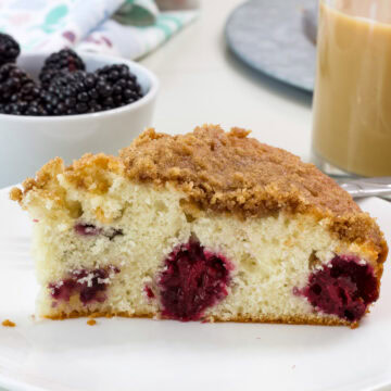 Closeup side shot of a slice of Blackberry Coffee Cake with Streusel Topping on a white plate.
