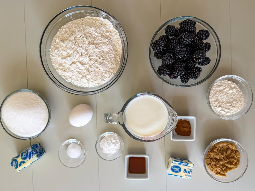 All of the ingredients measured out ready to make the Blackberry Coffee Cake with Streusel Topping.