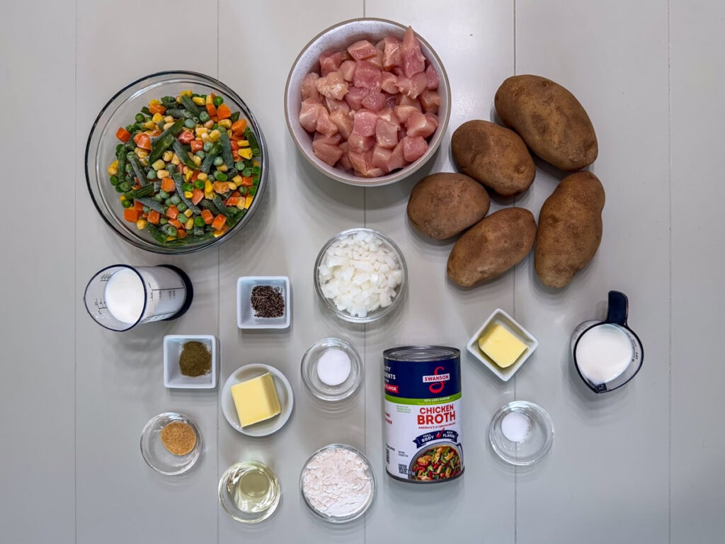 All of the ingredients measured out and ready to make the chicken shepherd's pie.