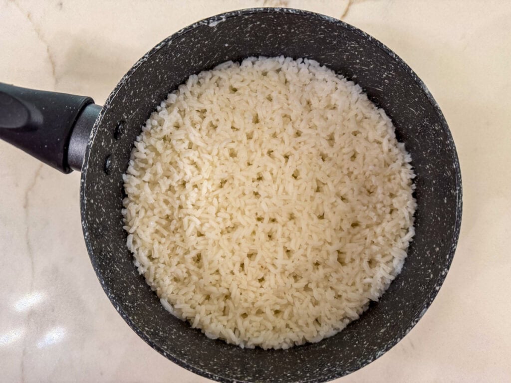 Cooked white rice in a small saucepan.