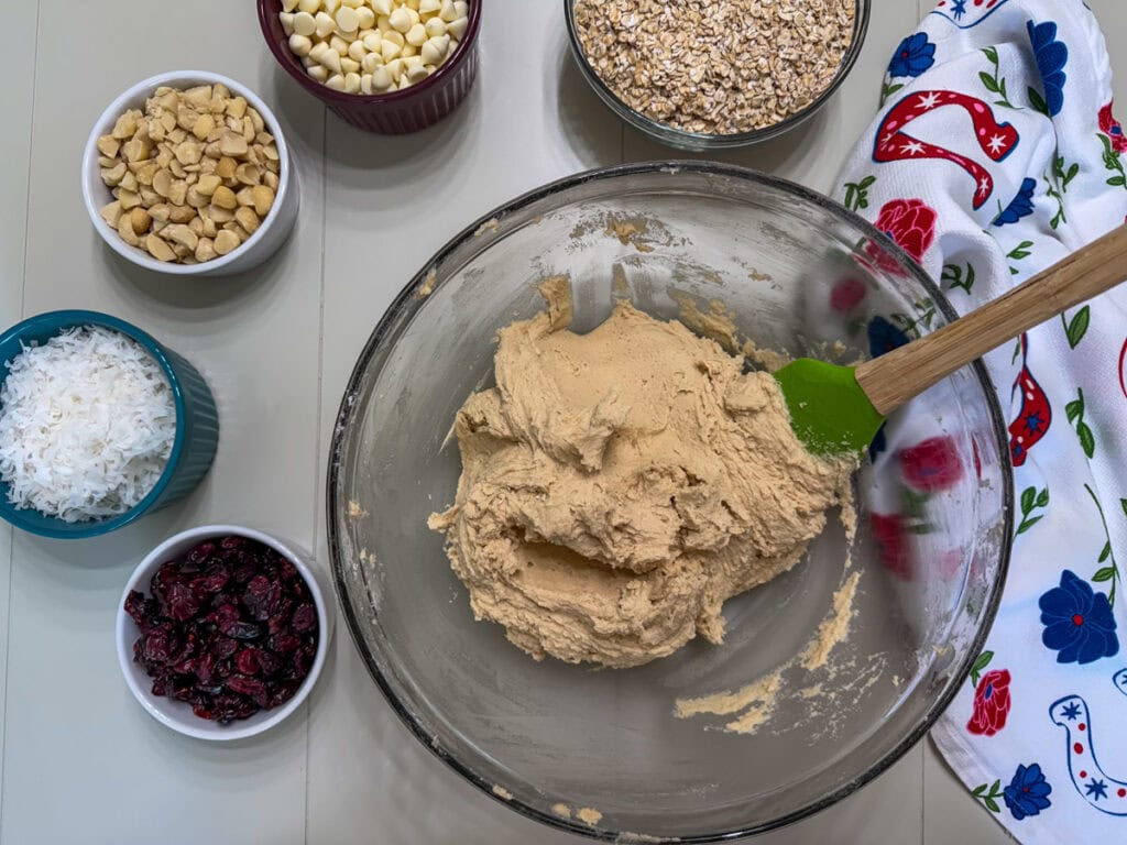 The ingredients in a large glass mixing bowl before the mixins are added.