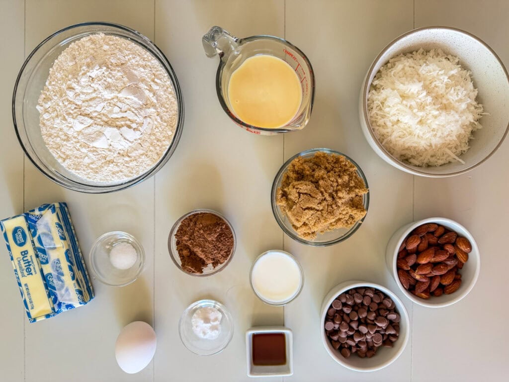 All of the ingredients measured out and ready to make the Almond Joy Cookies.