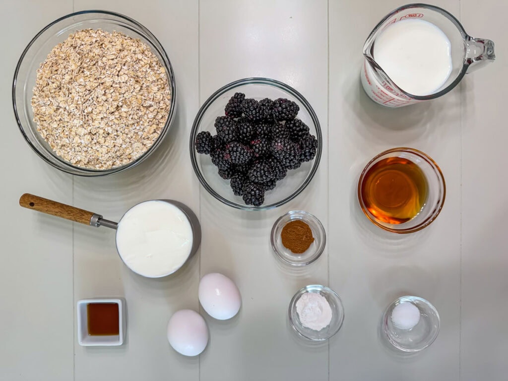 All of the ingredients measured out to make the blackberry baked oatmeal.