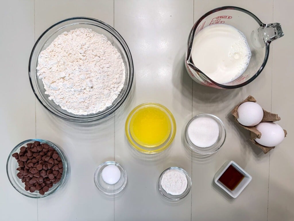 All of the ingredients measured out and ready to make homemade chocolate chip pancakes.