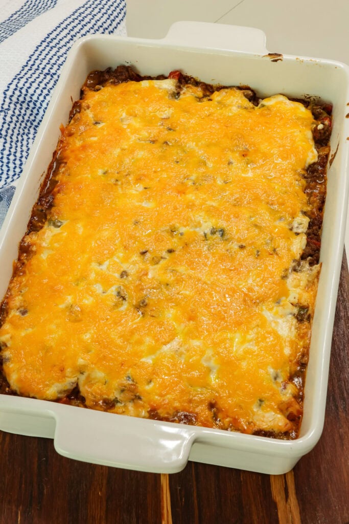 Overhead shot of the entire uncut John Wayne Casserole in a casserole dish.