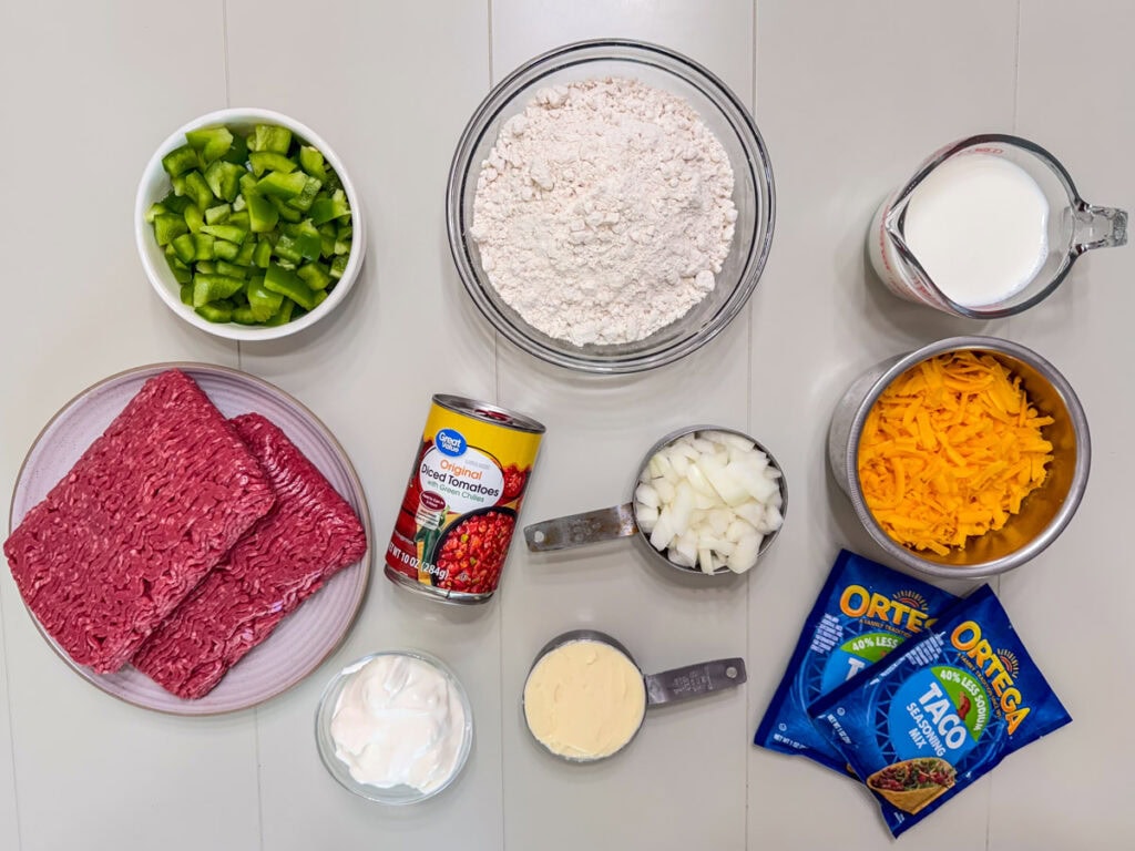 All of the ingredients measured out ready to make the John Wayne Casserole with Bisquick.