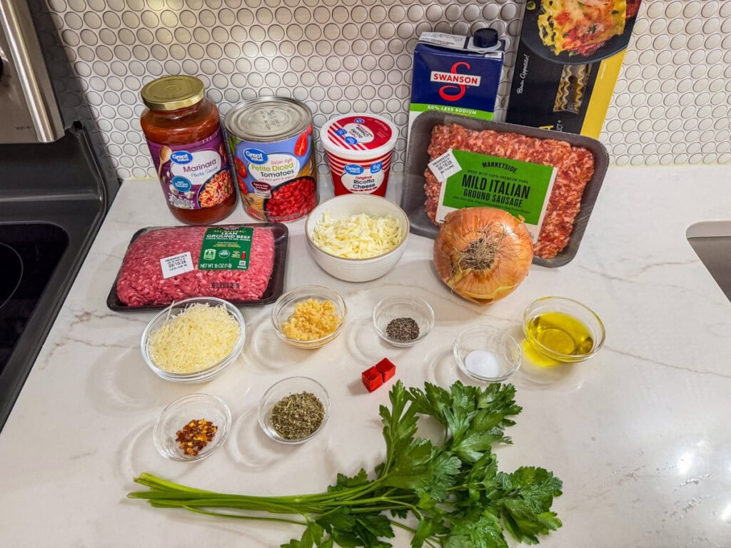 All of the ingredients measured out and ready to make the hearty one-pot lasagna soup recipe.