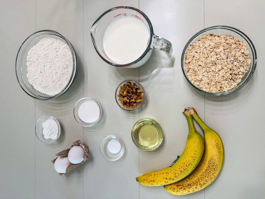 All of the ingredients measured out to make the oatmeal banana pancakes.