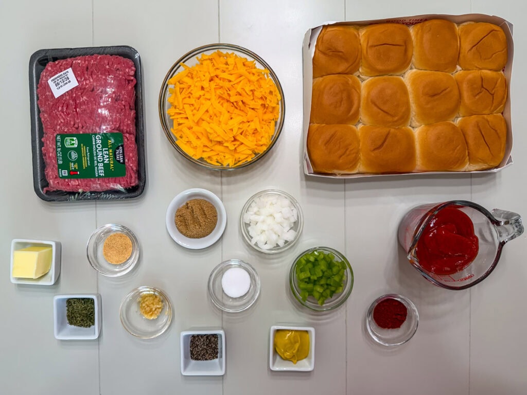 All of the ingredients needed to make the homemade sloppy joe filling and Sloppy Joe Sliders.