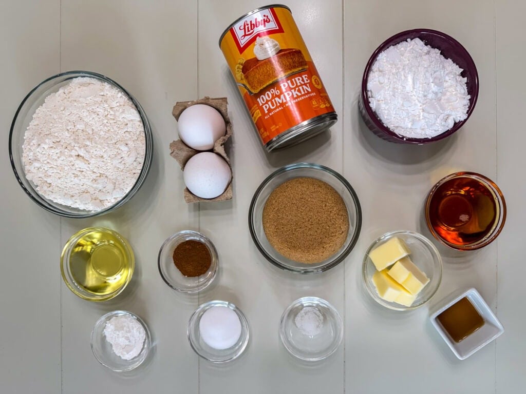 All of the ingredients measured out and ready to make the baked pumpkin donuts with maple icing.