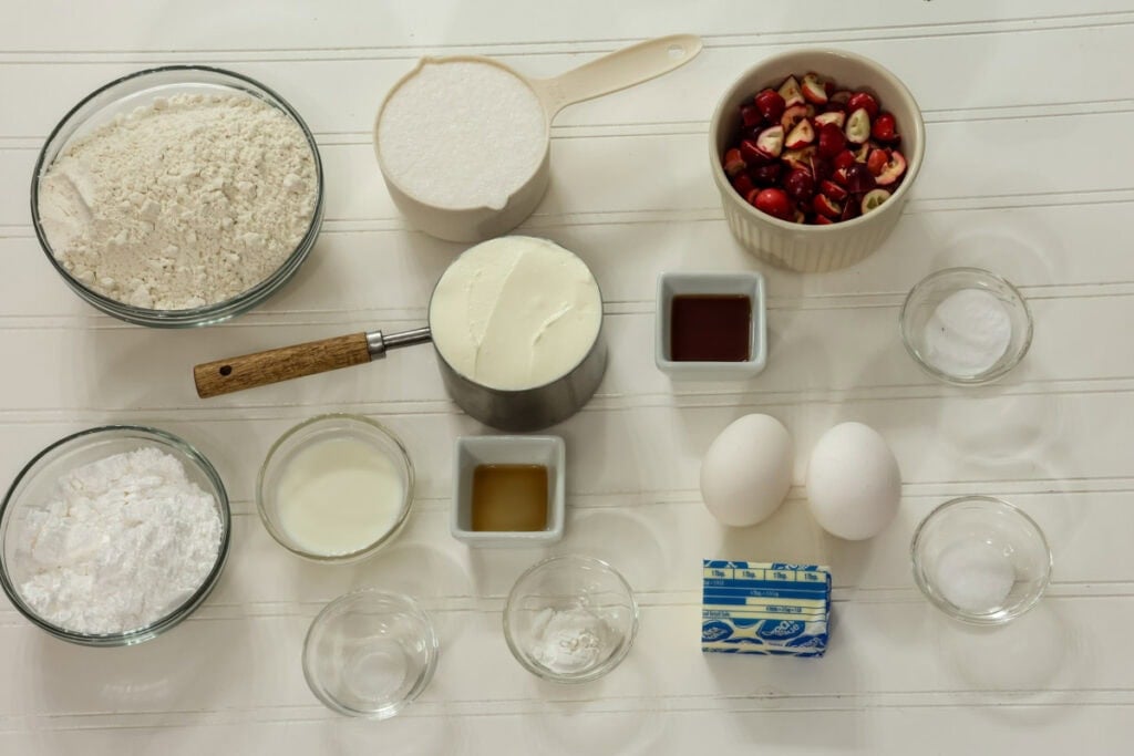 All of the ingredients needed to make the Cranberry Bread and the vanilla glaze for the top.