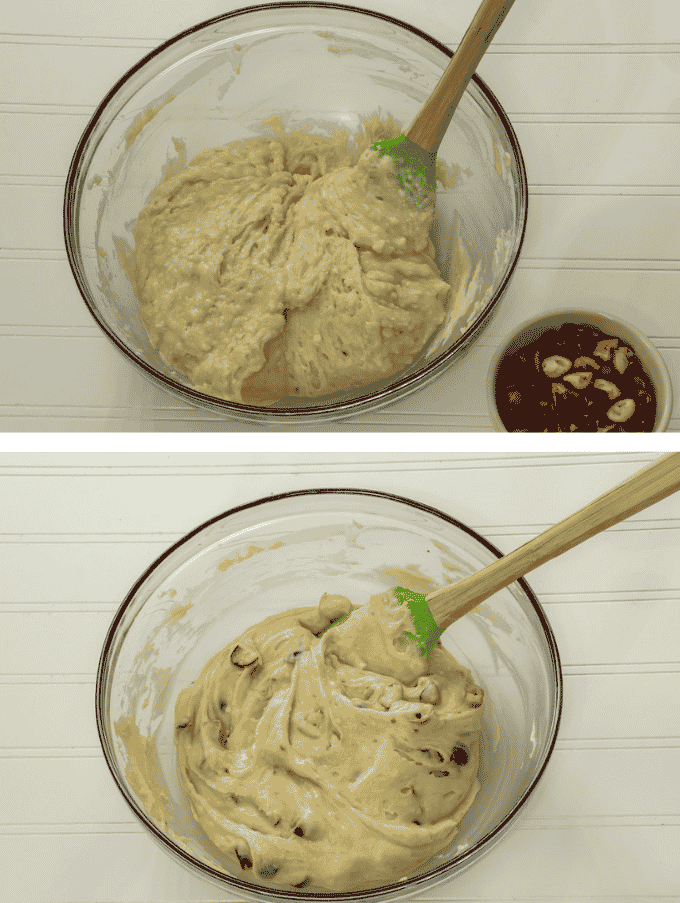 A collage of the batter mixed in a bowl before and after the cranberries have been folded in.