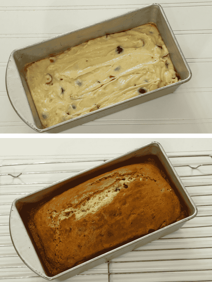The batter in the loaf pan before being baked and the baked loaf still in the pan.
