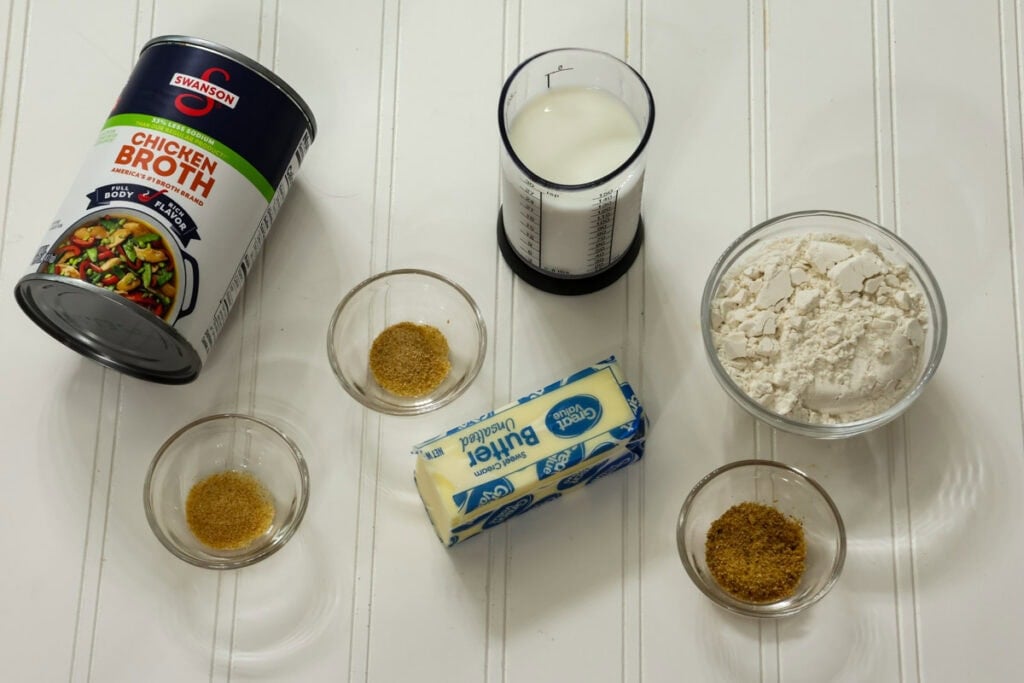 All of the ingredients measured out and ready to make the homemade cream of chicken soup.