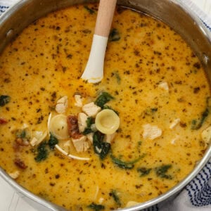 Overhead closeup of a large pot of Marry Me Chicken Soup with a ladle full in the center.