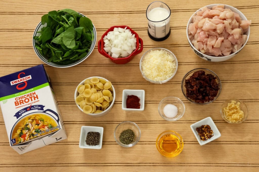 All of the ingredients measured out and ready to make Marry Me Chicken soup.